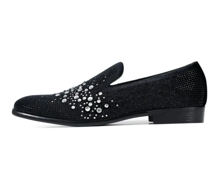 Amali Ivano Luxe Rhinestone Loafers Men’s Velvet Black Silver