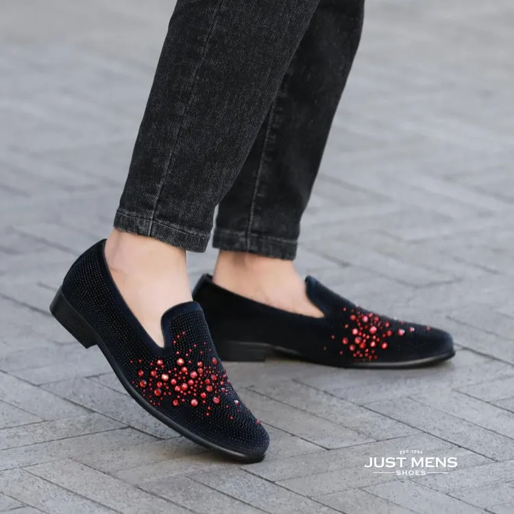 Amali Ivano Luxe Velvet Rhinestone Loafers Men’s Black Red