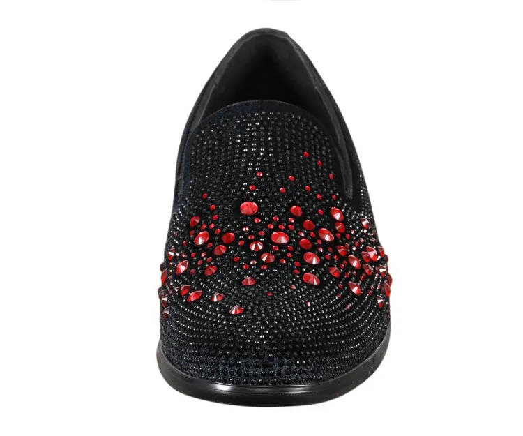 Amali Ivano Luxe Velvet Rhinestone Loafers Men’s Black Red