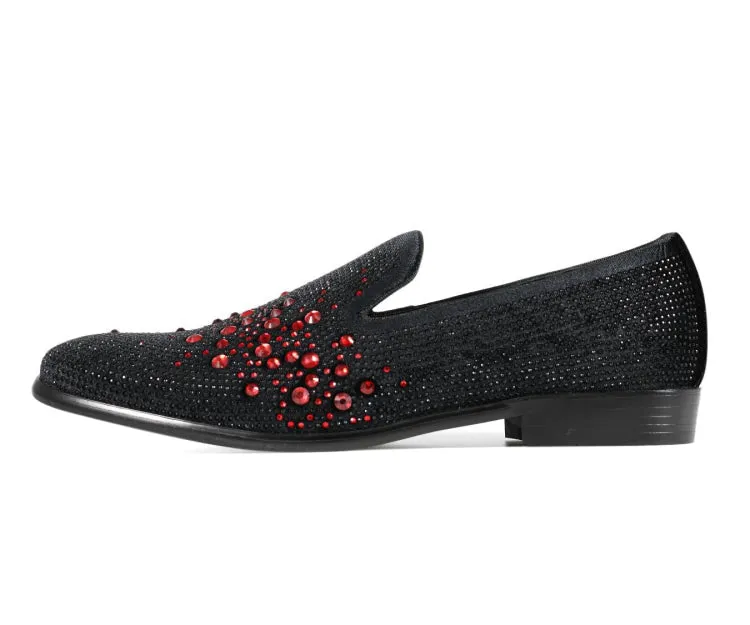 Amali Ivano Luxe Velvet Rhinestone Loafers Men’s Black Red