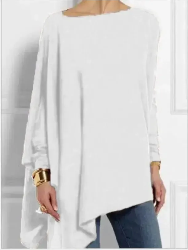 Asymmetric Womens Top with O Neck and Long Sleeves