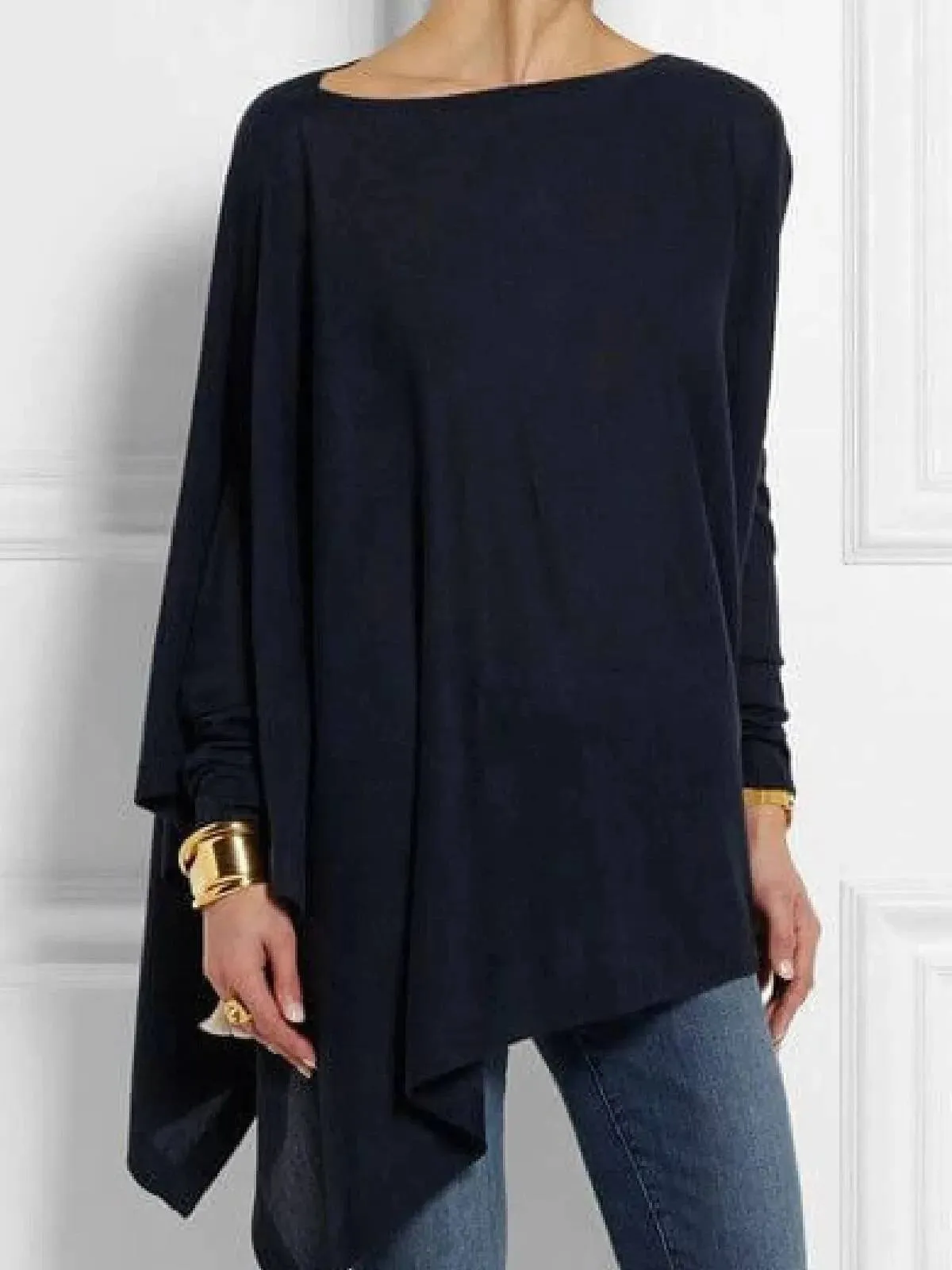 Asymmetric Womens Top with O Neck and Long Sleeves
