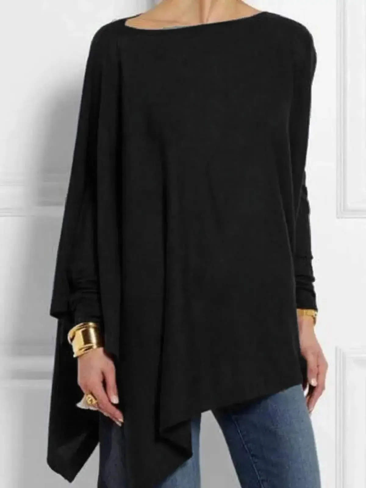 Asymmetric Womens Top with O Neck and Long Sleeves