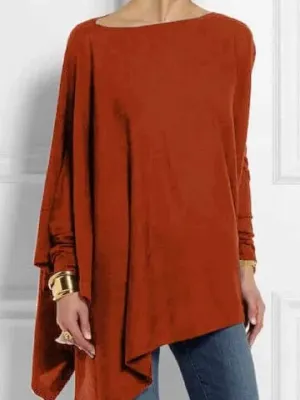 Asymmetric Womens Top with O Neck and Long Sleeves