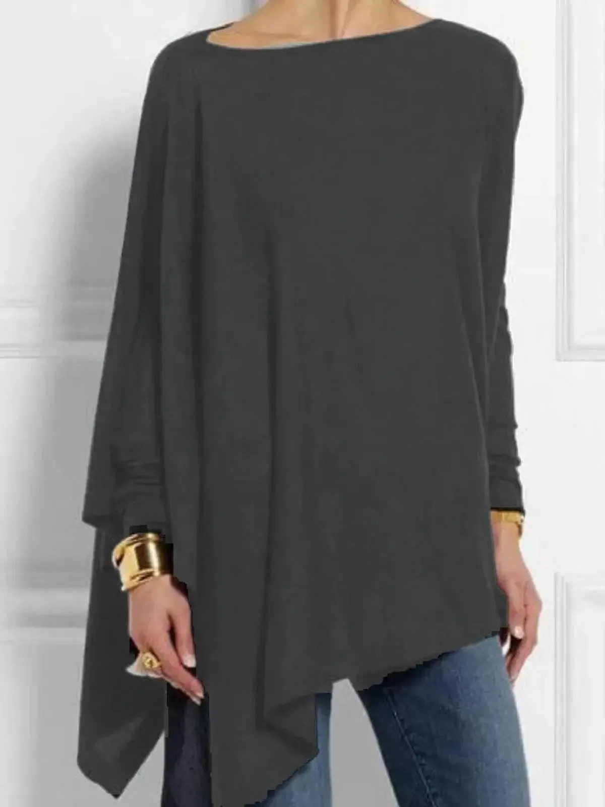 Asymmetric Womens Top with O Neck and Long Sleeves