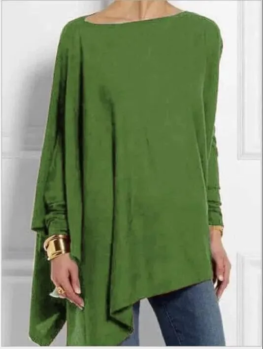Asymmetric Womens Top with O Neck and Long Sleeves