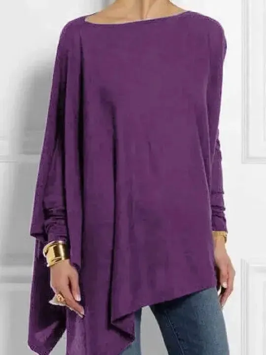 Asymmetric Womens Top with O Neck and Long Sleeves