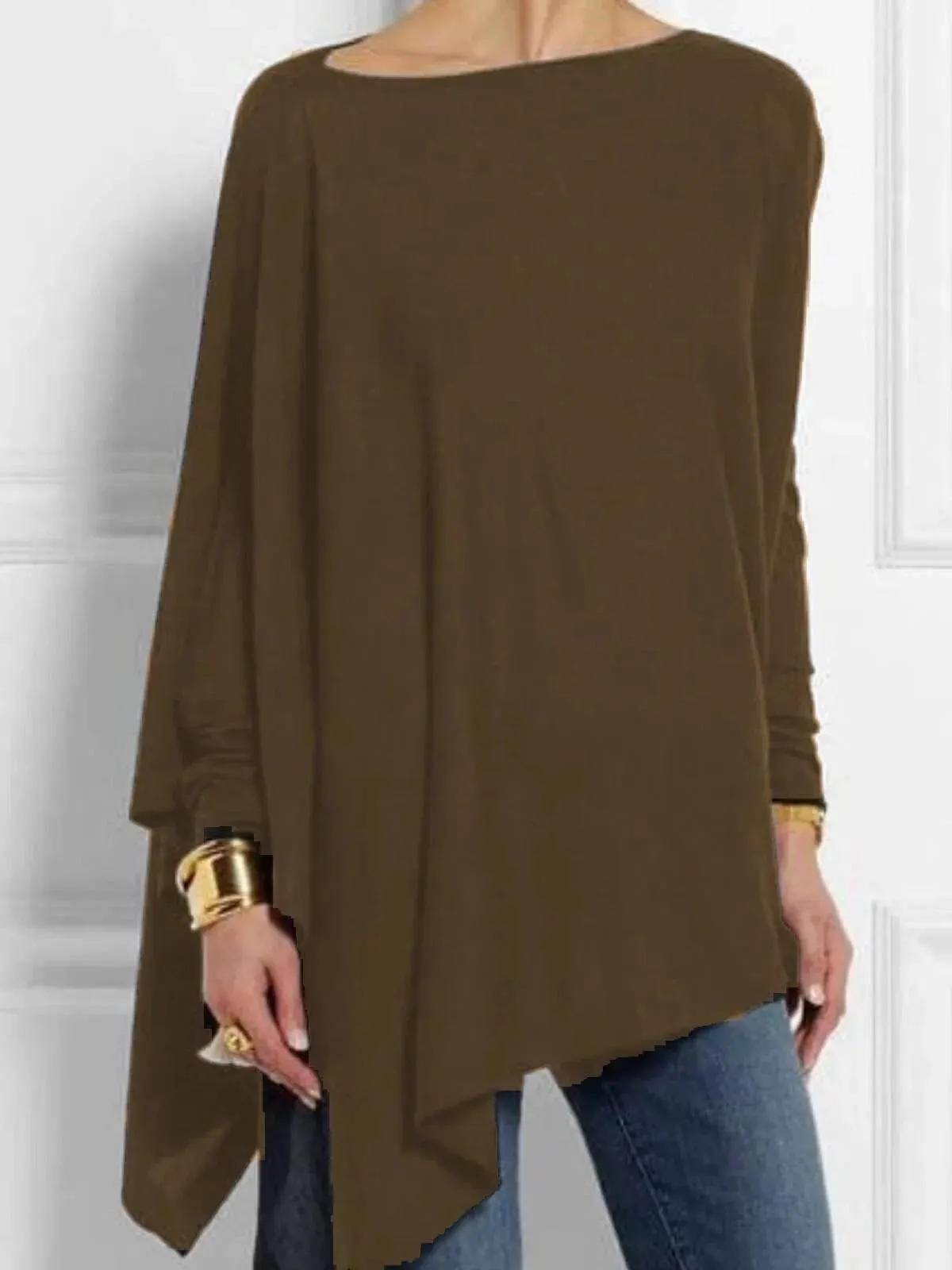 Asymmetric Womens Top with O Neck and Long Sleeves