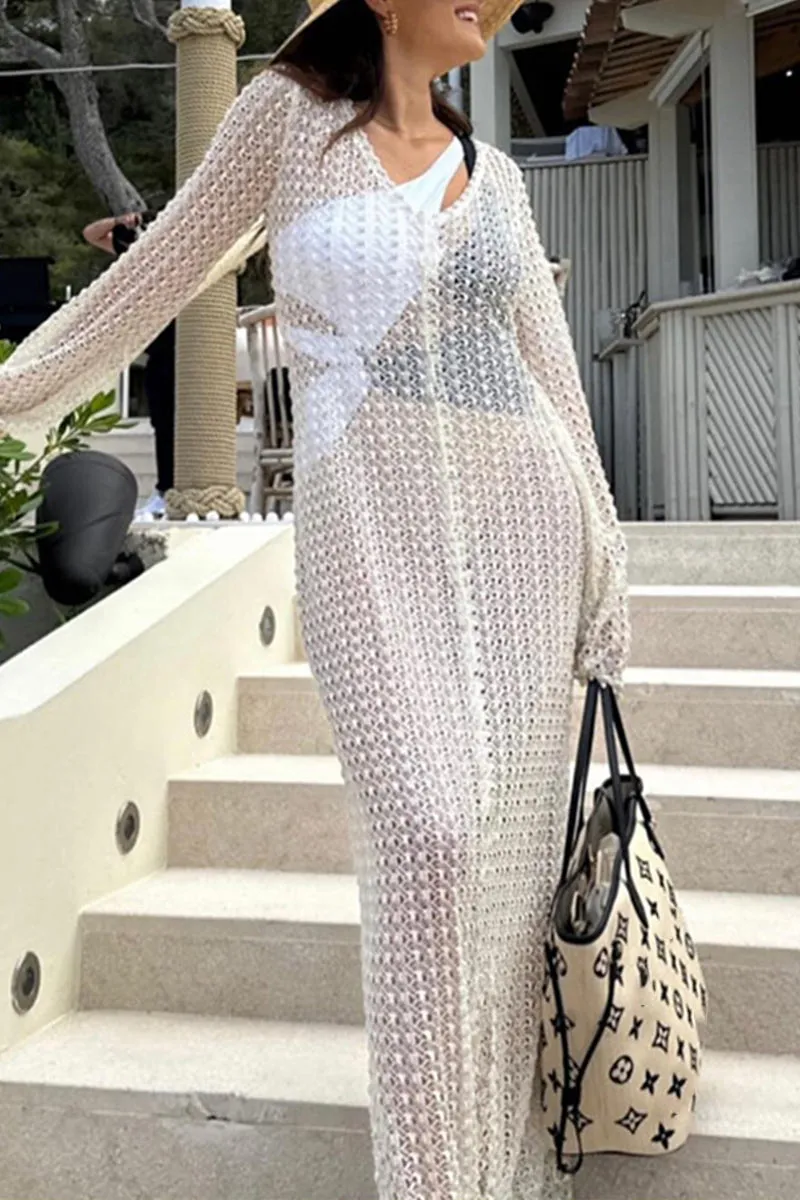 BK705 White Mesh See-Through V-Neck Beach Dress