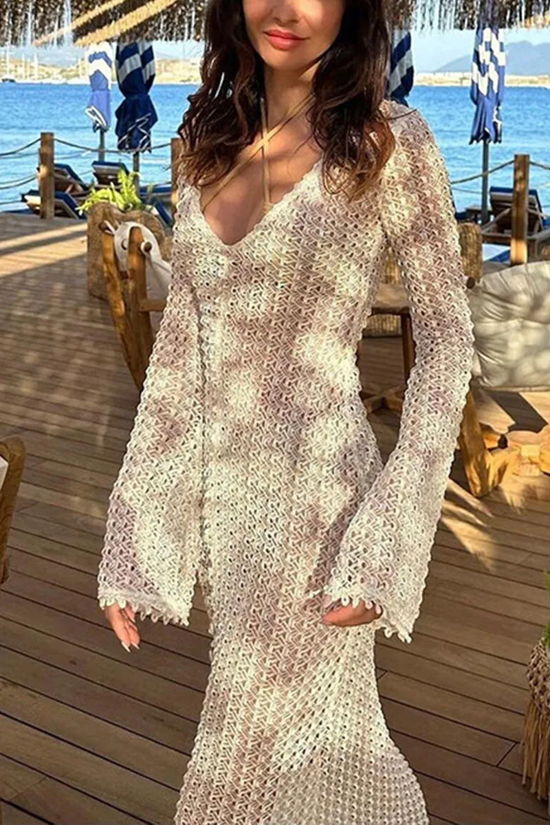 BK705 White Mesh See-Through V-Neck Beach Dress