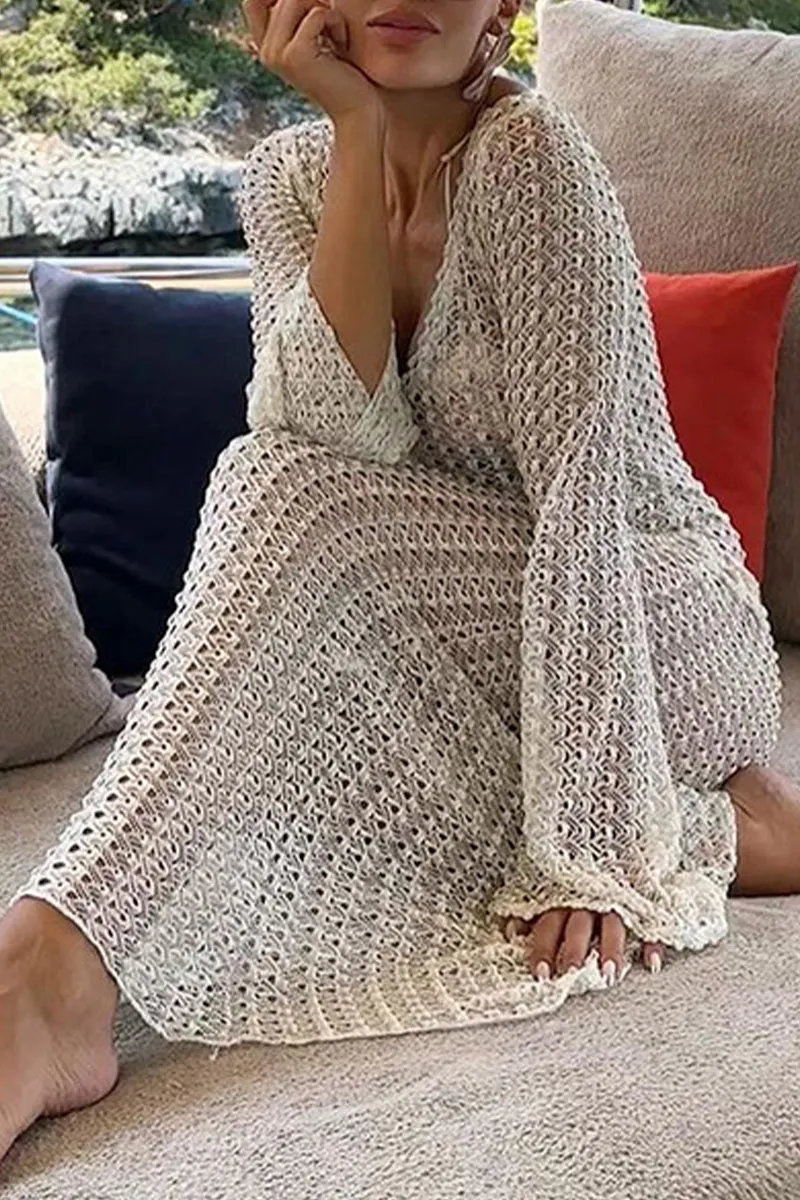 BK705 White Mesh See-Through V-Neck Beach Dress