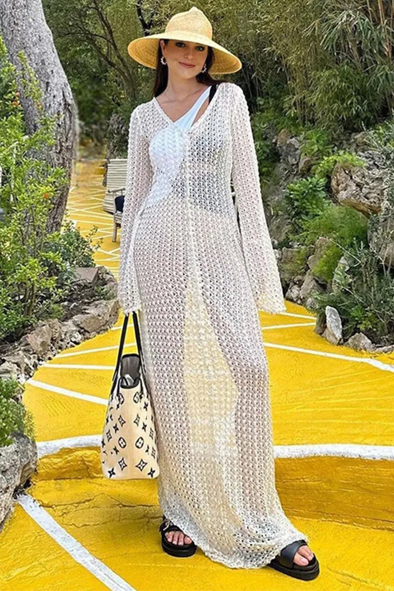 BK705 White Mesh See-Through V-Neck Beach Dress