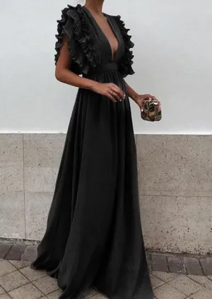 Black Ruffled Sleeve Maxi Dress