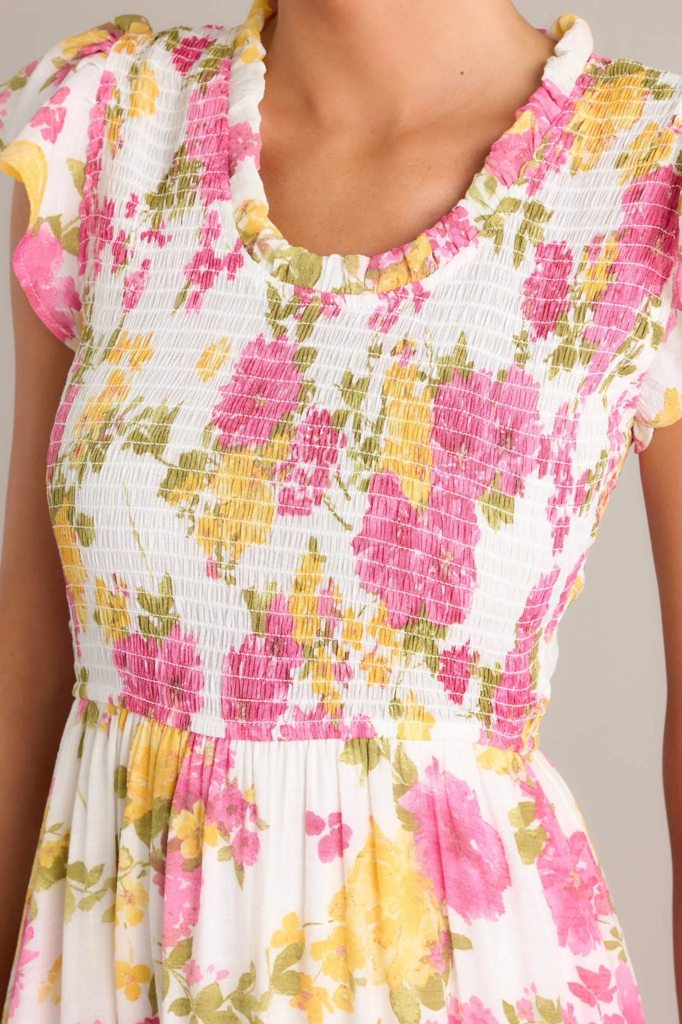 Bloom Burst White Multi Floral Midi Dress