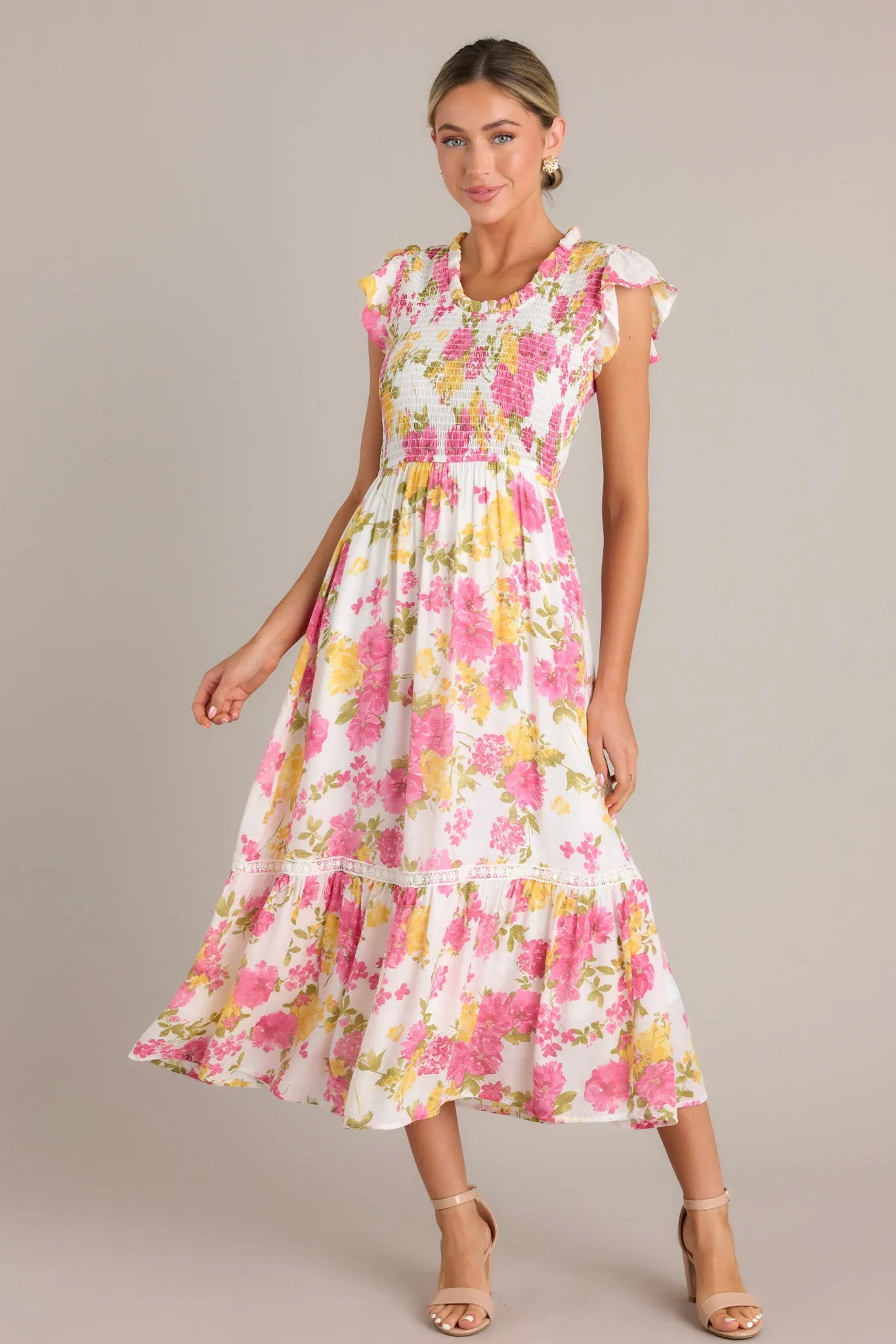 Bloom Burst White Multi Floral Midi Dress