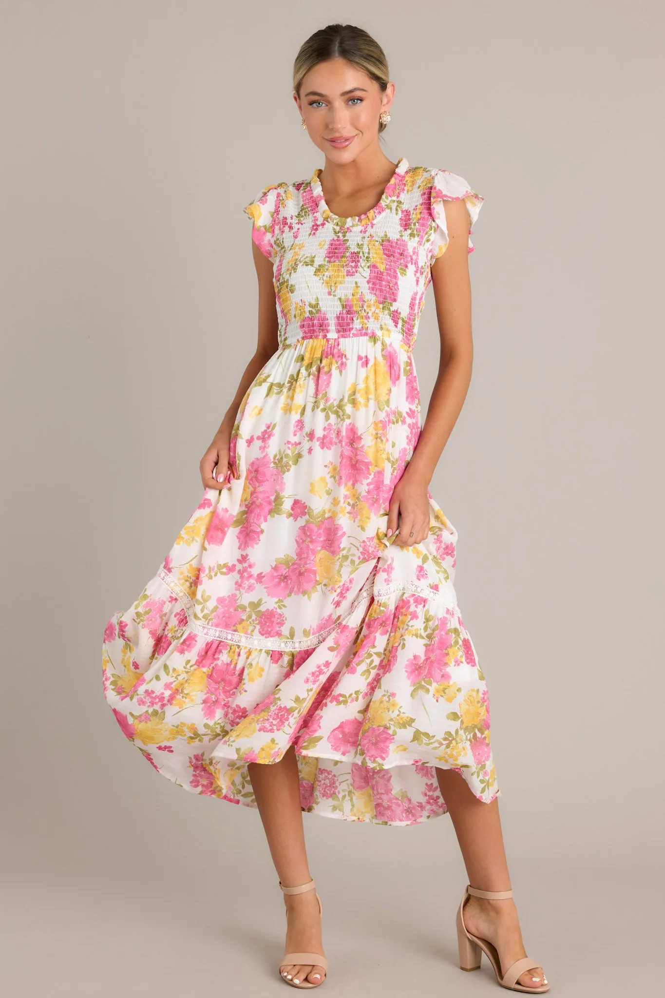 Bloom Burst White Multi Floral Midi Dress