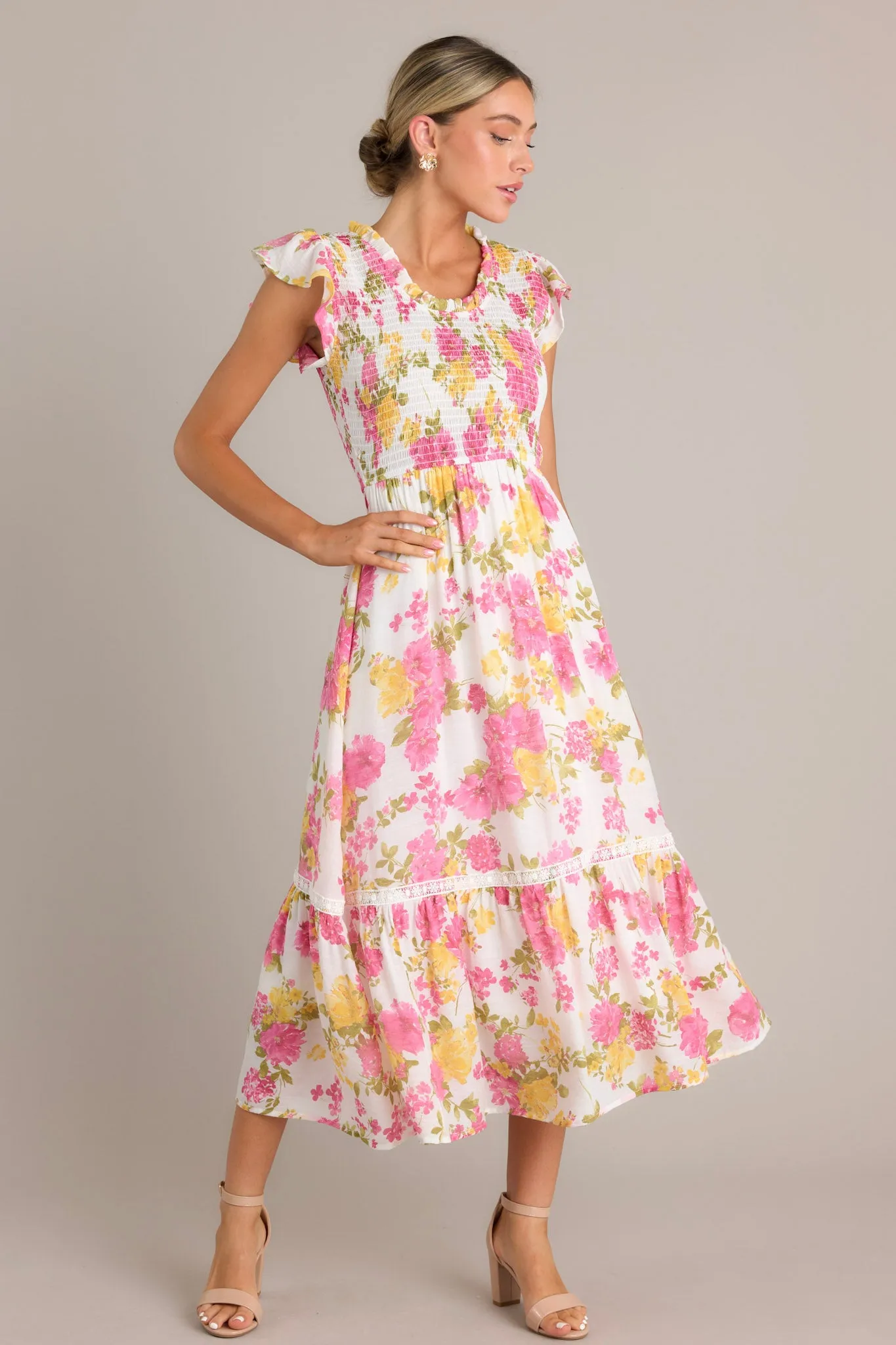 Bloom Burst White Multi Floral Midi Dress