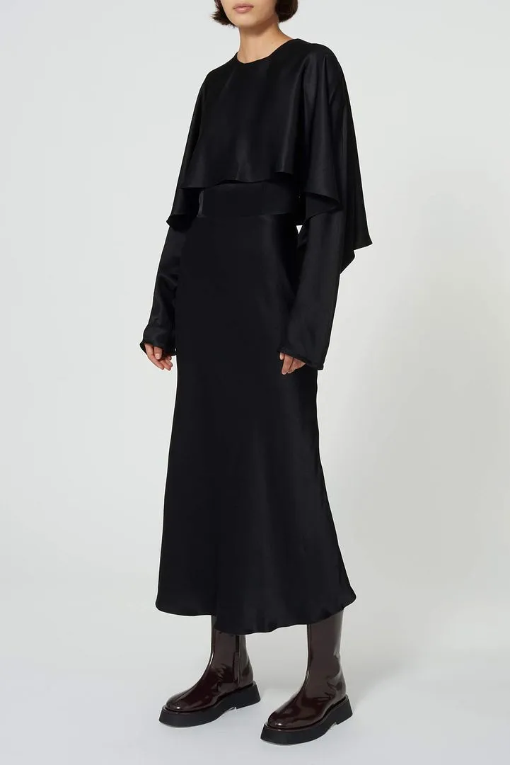 Cape Top Detail Draped Midi-Length Dress