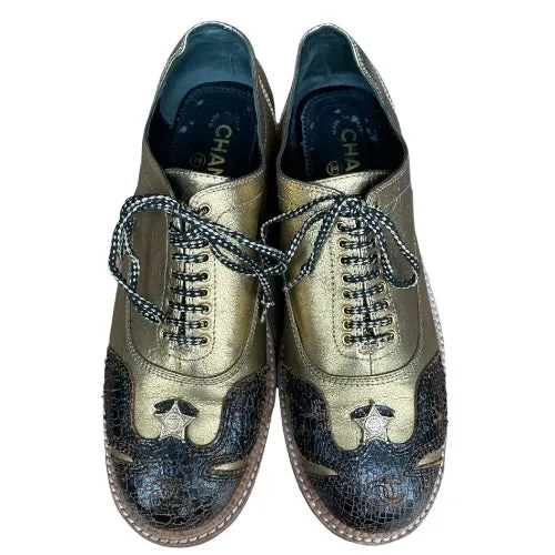 CHANEL Paris Dallas Gold Leather Lace Up Oxfords, Size 40