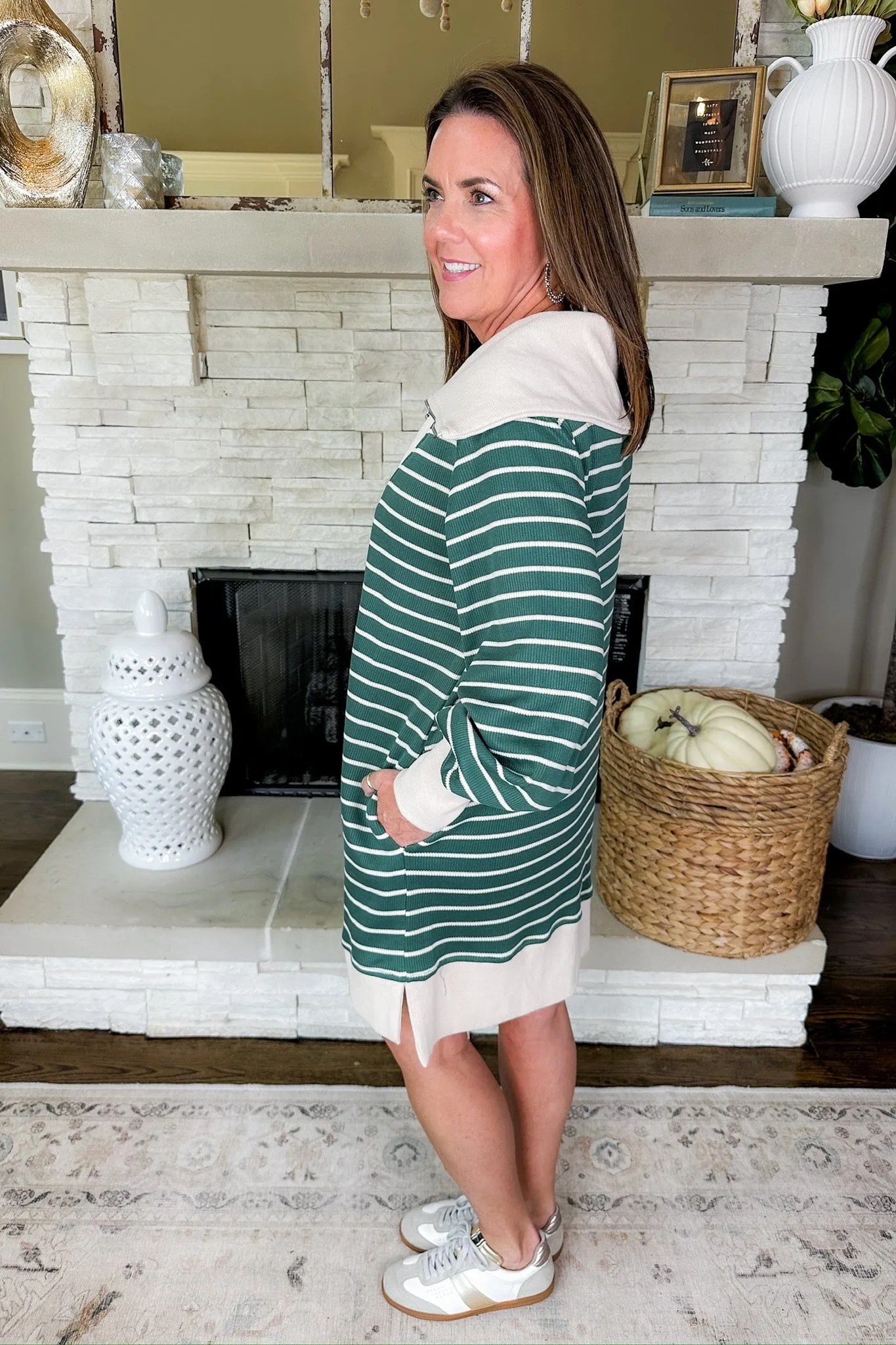 Cream Striped Zip Up Sailor Collared Dress in Green