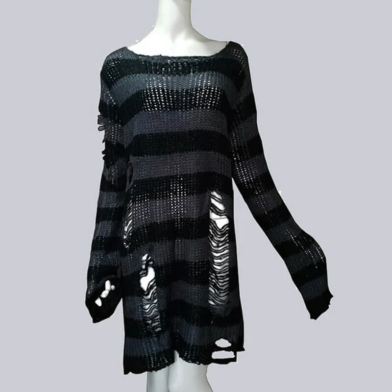 Crew Neck Striped Wool Knitted Long Sweater