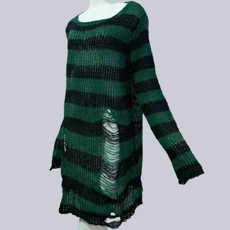 Crew Neck Striped Wool Knitted Long Sweater