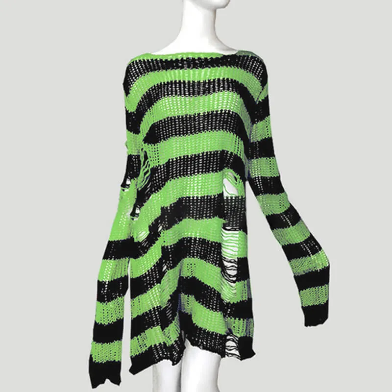 Crew Neck Striped Wool Knitted Long Sweater
