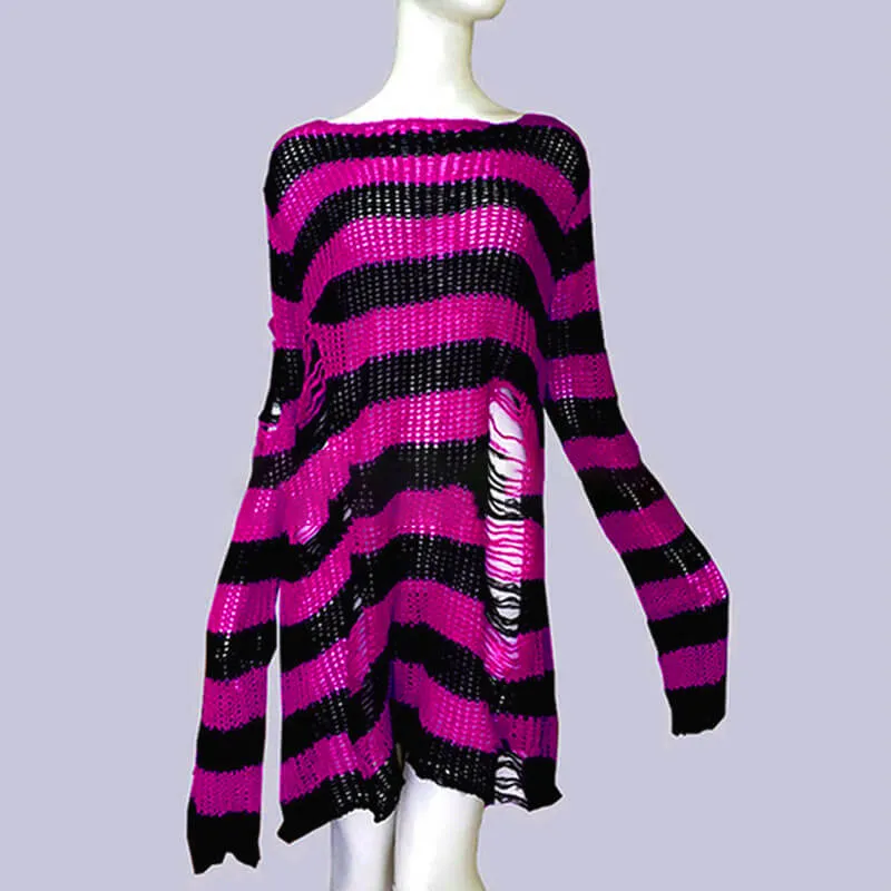 Crew Neck Striped Wool Knitted Long Sweater