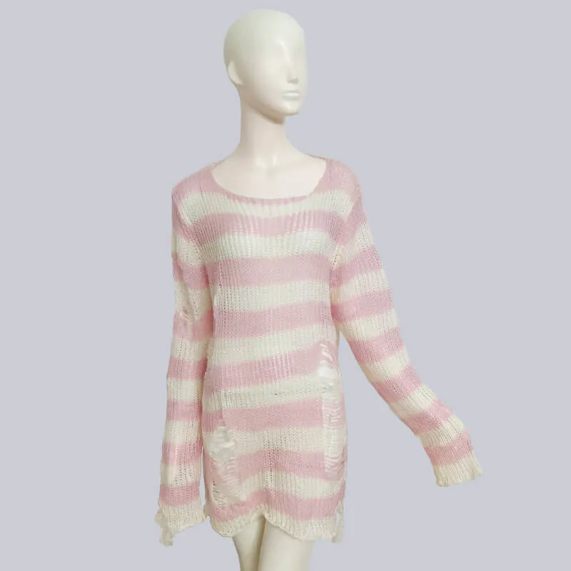 Crew Neck Striped Wool Knitted Long Sweater