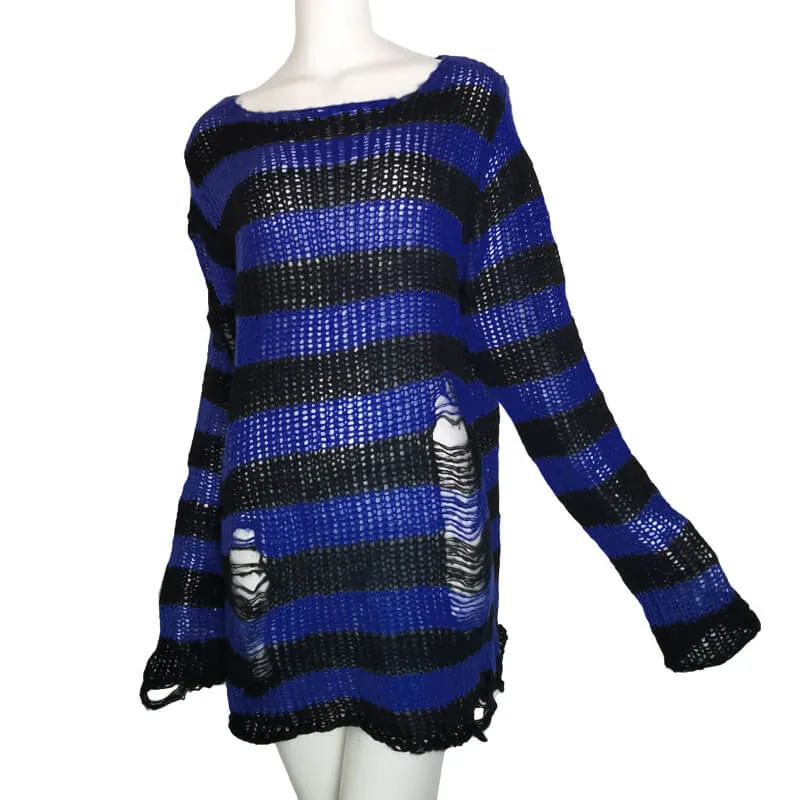 Crew Neck Striped Wool Knitted Long Sweater