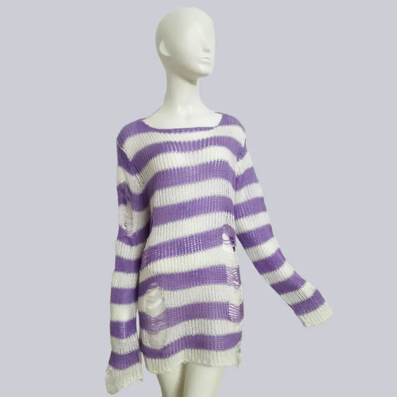 Crew Neck Striped Wool Knitted Long Sweater