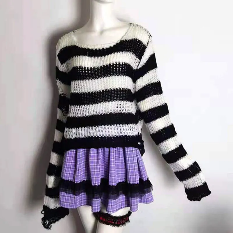 Crew Neck Striped Wool Knitted Long Sweater