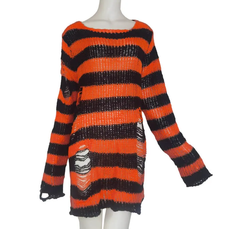 Crew Neck Striped Wool Knitted Long Sweater