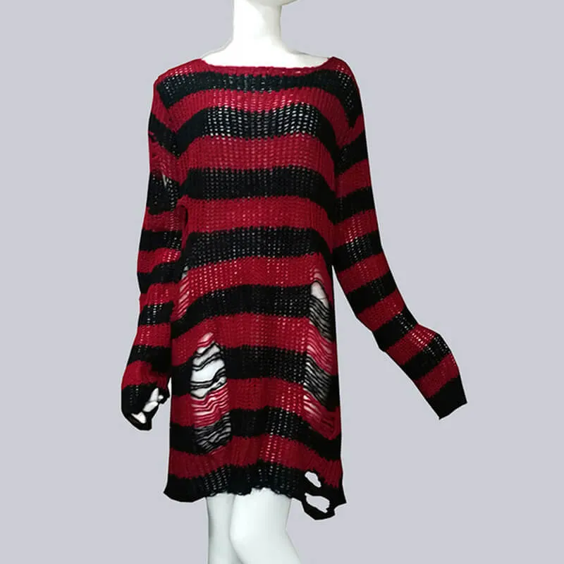 Crew Neck Striped Wool Knitted Long Sweater