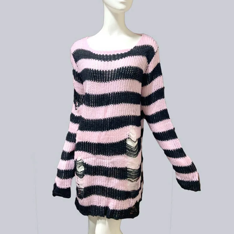 Crew Neck Striped Wool Knitted Long Sweater