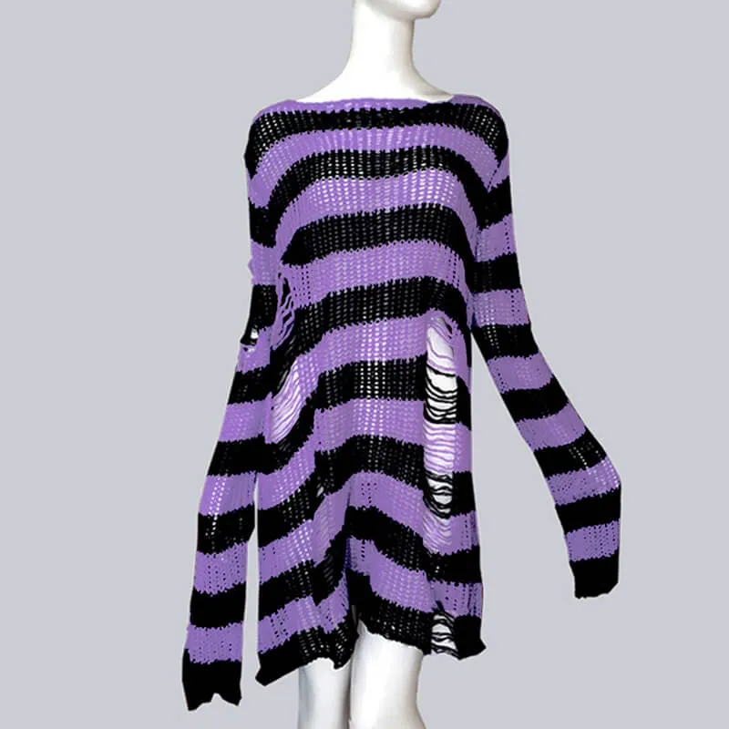 Crew Neck Striped Wool Knitted Long Sweater