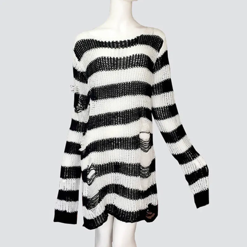 Crew Neck Striped Wool Knitted Long Sweater