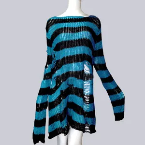 Crew Neck Striped Wool Knitted Long Sweater