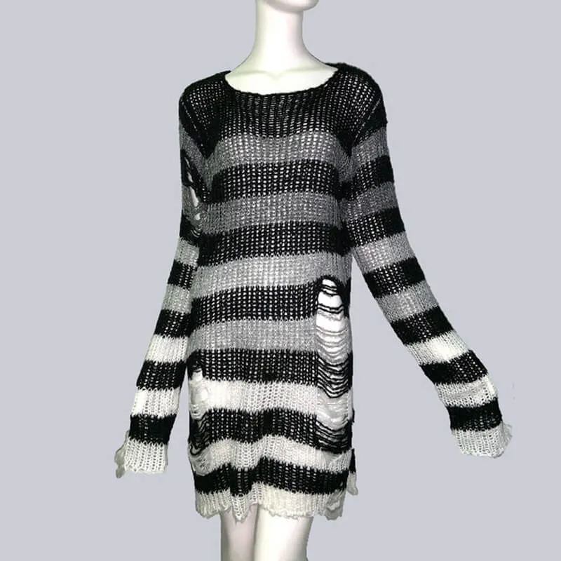 Crew Neck Striped Wool Knitted Long Sweater