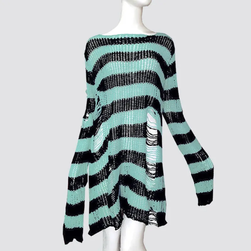 Crew Neck Striped Wool Knitted Long Sweater