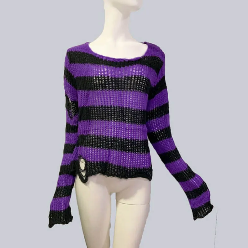 Crew Neck Striped Wool Knitted Long Sweater