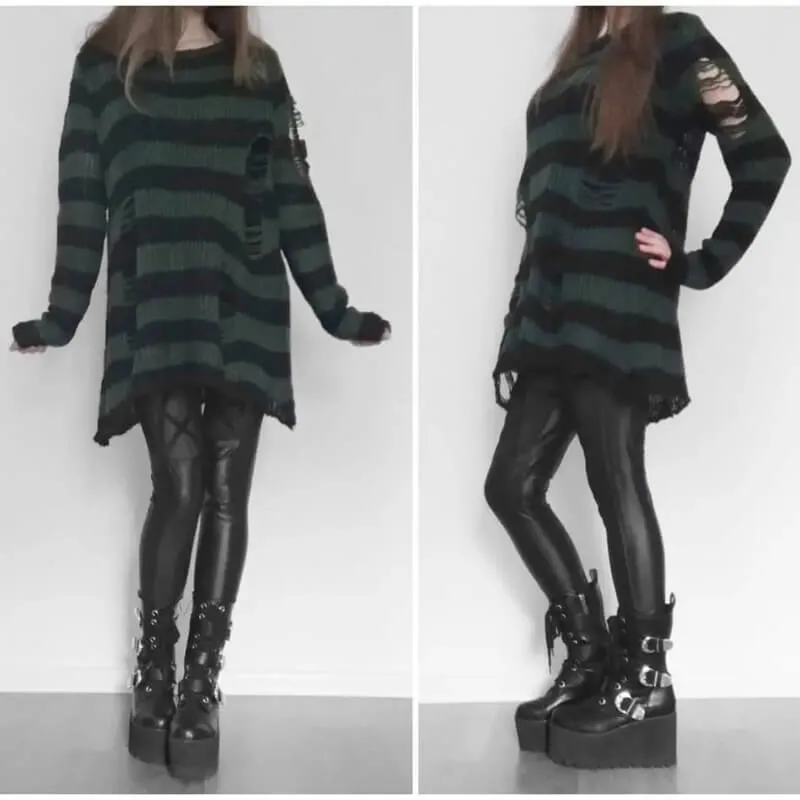 Crew Neck Striped Wool Knitted Long Sweater