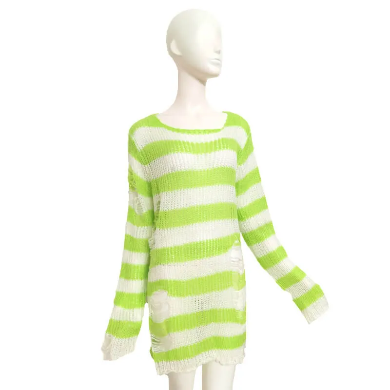 Crew Neck Striped Wool Knitted Long Sweater