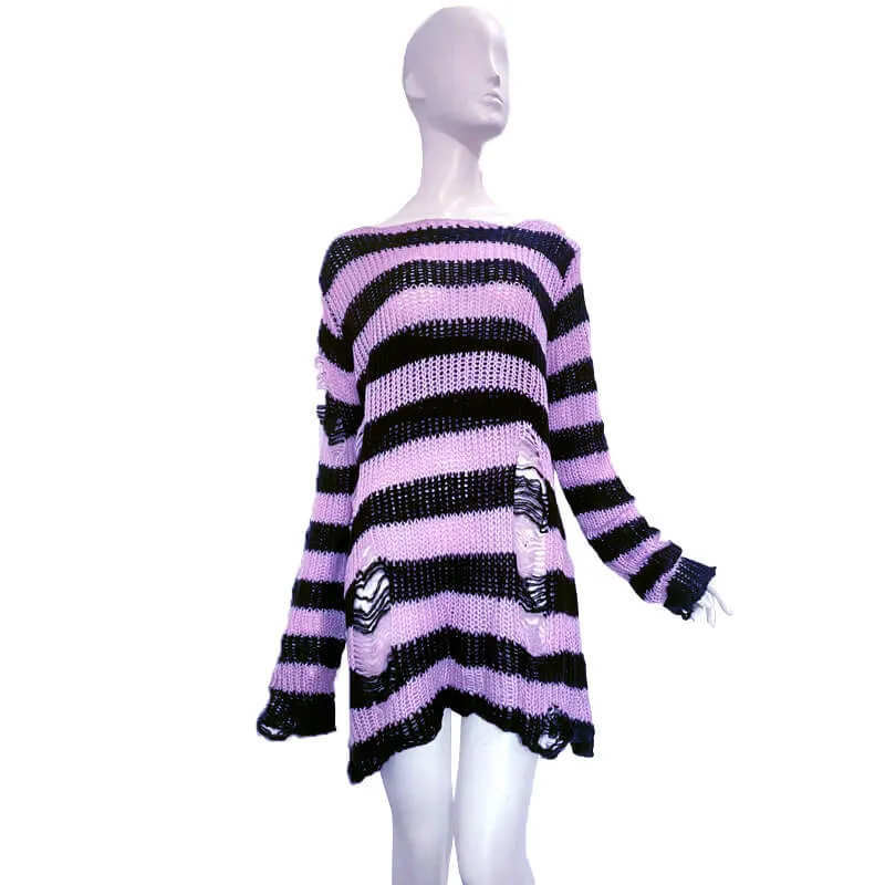 Crew Neck Striped Wool Knitted Long Sweater