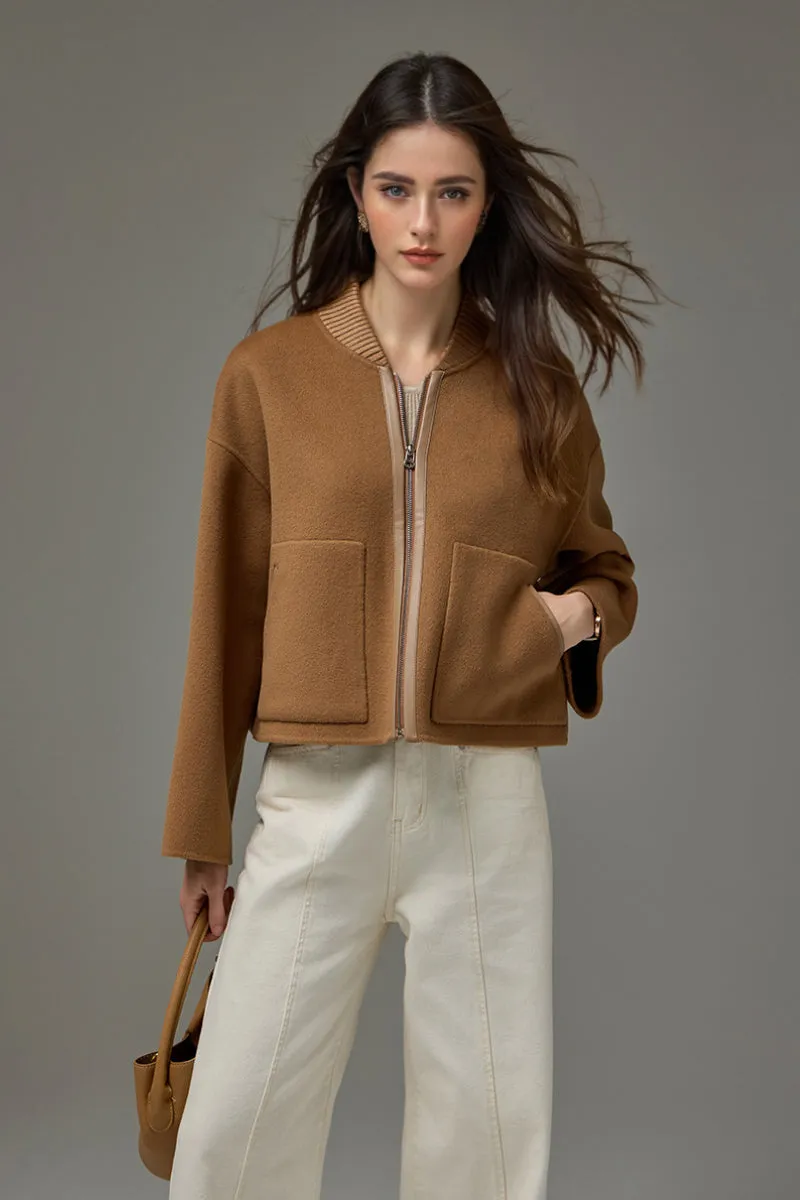 Cropped Wool-Cashmere Doule-Faced Zip-Up Bomber Jacket