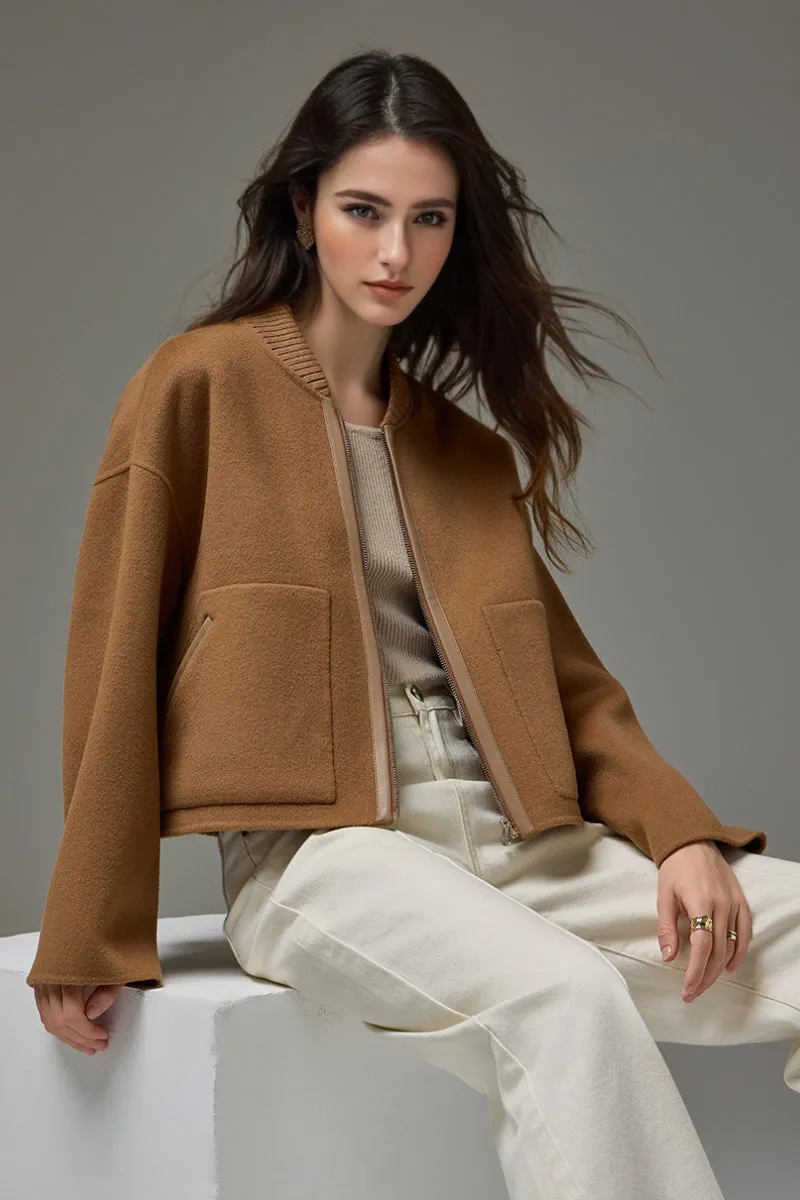 Cropped Wool-Cashmere Doule-Faced Zip-Up Bomber Jacket