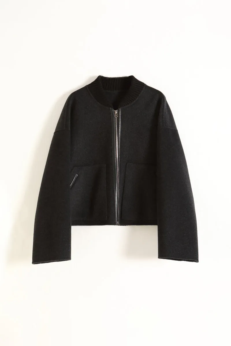 Cropped Wool-Cashmere Doule-Faced Zip-Up Bomber Jacket