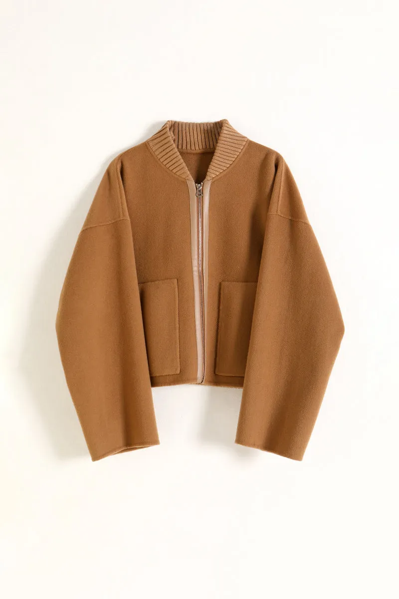 Cropped Wool-Cashmere Doule-Faced Zip-Up Bomber Jacket