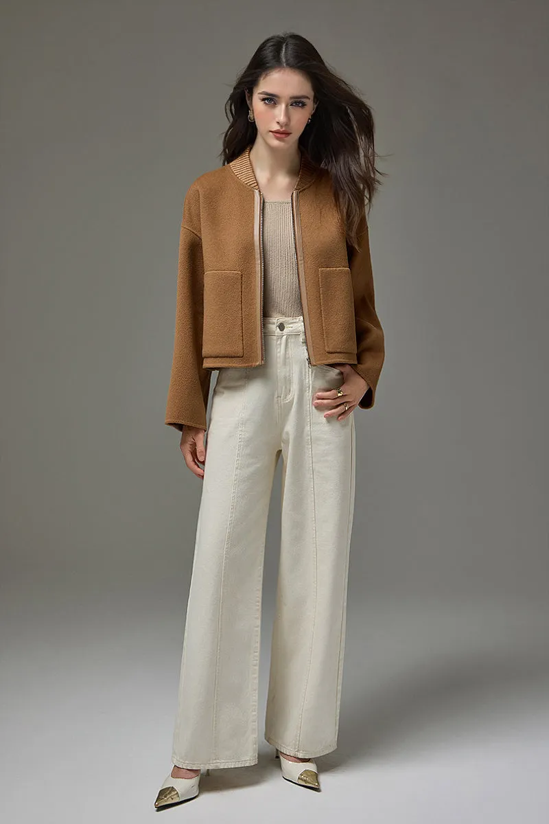 Cropped Wool-Cashmere Doule-Faced Zip-Up Bomber Jacket