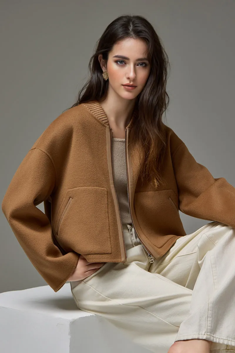 Cropped Wool-Cashmere Doule-Faced Zip-Up Bomber Jacket